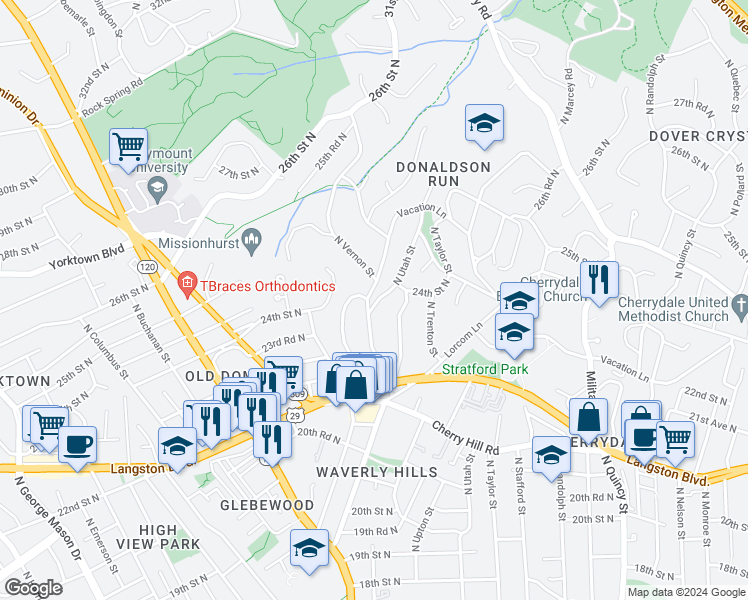 map of restaurants, bars, coffee shops, grocery stores, and more near 2323 North Vermont Street in Arlington