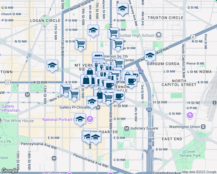 map of restaurants, bars, coffee shops, grocery stores, and more near 601 Massachusetts Avenue Northwest in Washington