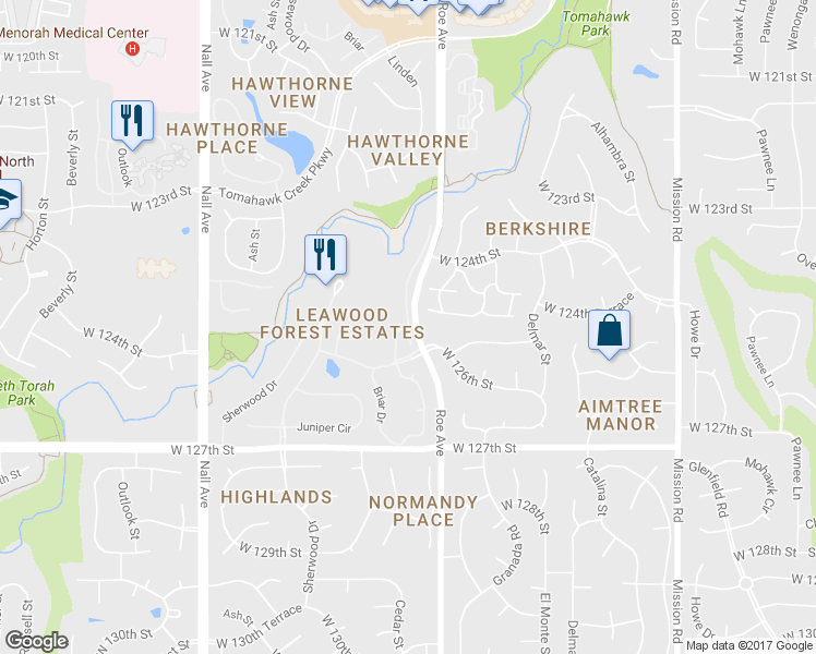 map of restaurants, bars, coffee shops, grocery stores, and more near 13104 Linden Ln in Leawood