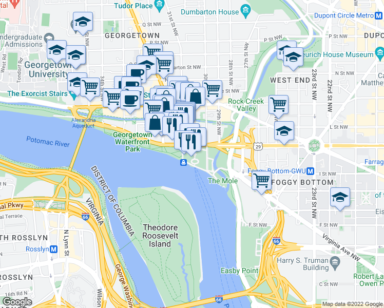 map of restaurants, bars, coffee shops, grocery stores, and more near 3030 K Street Northwest in Washington