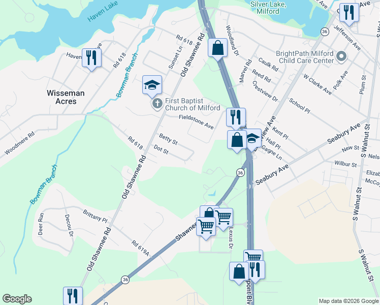 map of restaurants, bars, coffee shops, grocery stores, and more near 4943 Dot Street in Milford