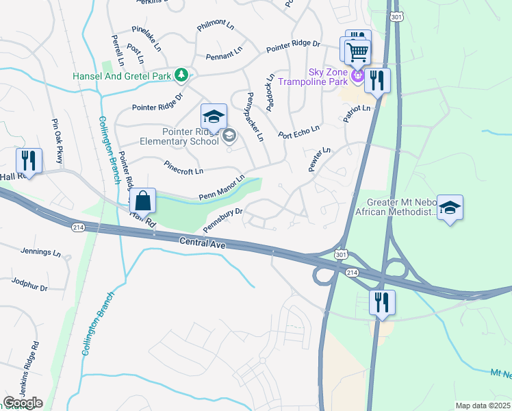 map of restaurants, bars, coffee shops, grocery stores, and more near 16113 Parklawn Place in Bowie