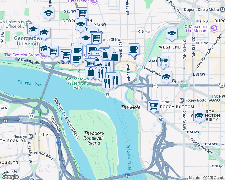 map of restaurants, bars, coffee shops, grocery stores, and more near 3030 K Street Northwest in Washington