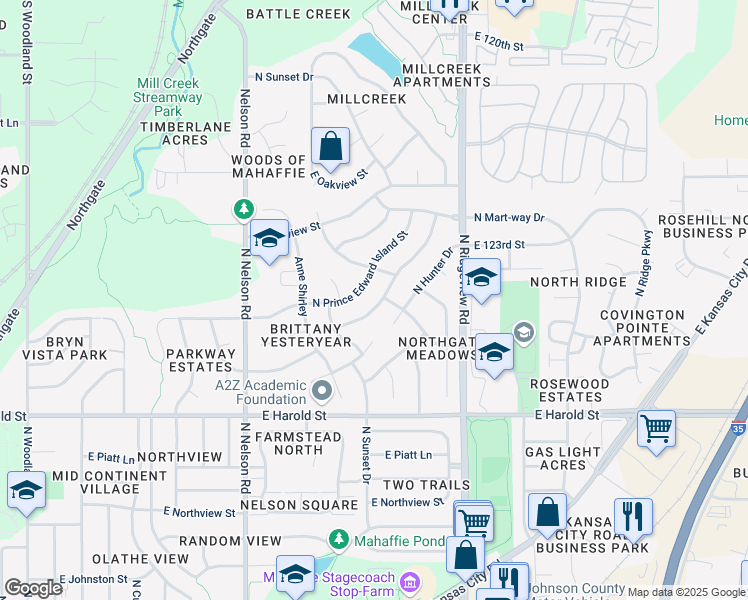 map of restaurants, bars, coffee shops, grocery stores, and more near 1416 North Prince Edward Island in Olathe