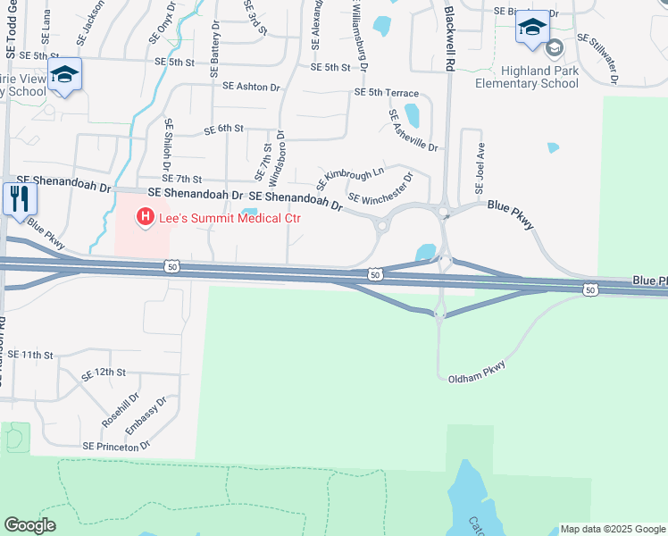 map of restaurants, bars, coffee shops, grocery stores, and more near Southeast Church Street in Lee's Summit