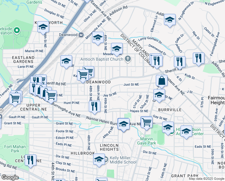 map of restaurants, bars, coffee shops, grocery stores, and more near 4911 Just Street Northeast in Washington