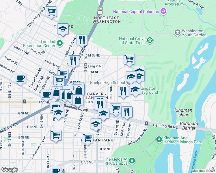 map of restaurants, bars, coffee shops, grocery stores, and more near 101 Independence Avenue Southeast in Washington