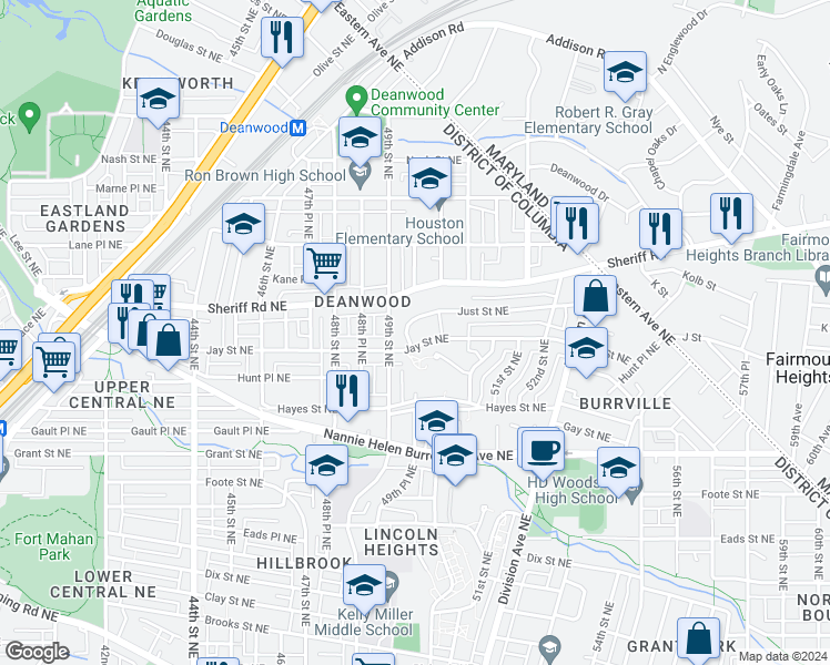 map of restaurants, bars, coffee shops, grocery stores, and more near 4911 Just Street Northeast in Washington