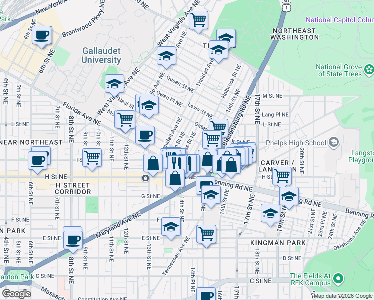 map of restaurants, bars, coffee shops, grocery stores, and more near 101 Independence Avenue Southeast in Washington