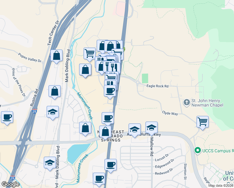 map of restaurants, bars, coffee shops, grocery stores, and more near 4717 North Nevada Avenue in Colorado Springs