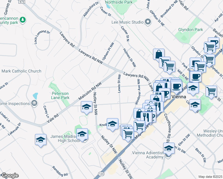 map of restaurants, bars, coffee shops, grocery stores, and more near 430 West Street Northwest in Vienna