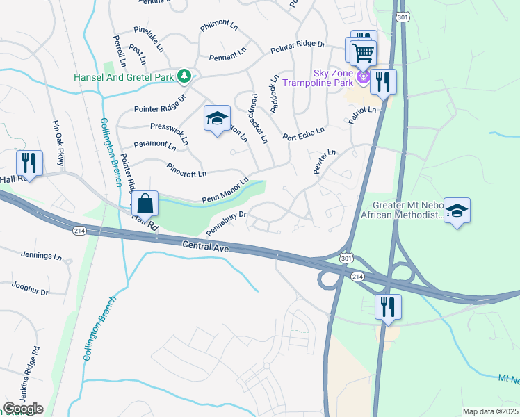 map of restaurants, bars, coffee shops, grocery stores, and more near 16113 Parklawn Place in Bowie