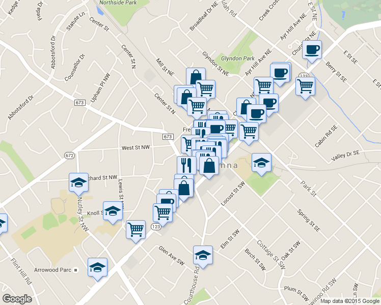 map of restaurants, bars, coffee shops, grocery stores, and more near 124 Wilmar Place Northwest in Vienna