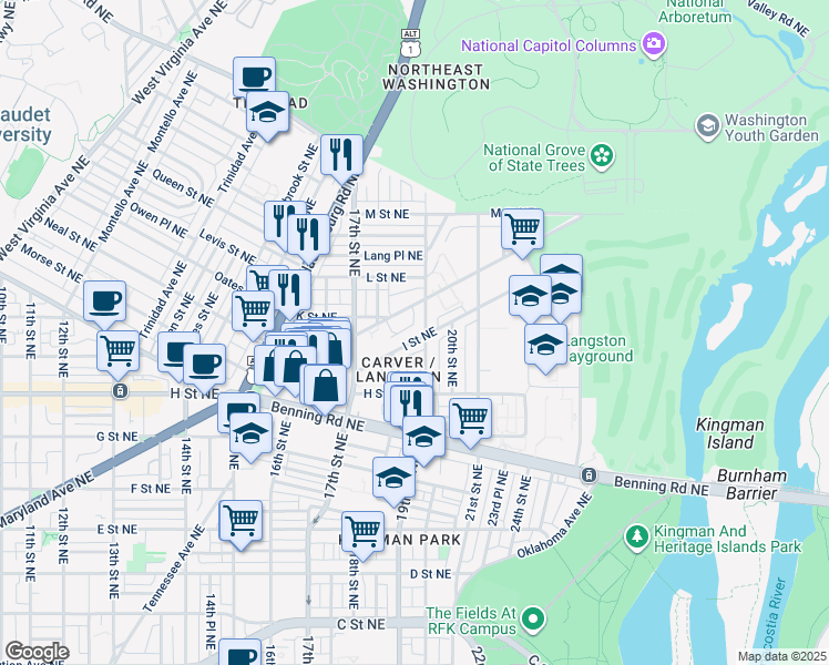 map of restaurants, bars, coffee shops, grocery stores, and more near 1838 I Street Northeast in Washington