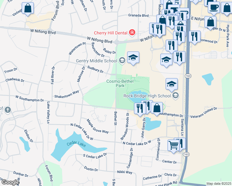 map of restaurants, bars, coffee shops, grocery stores, and more near 4400 Bethel Street in Columbia