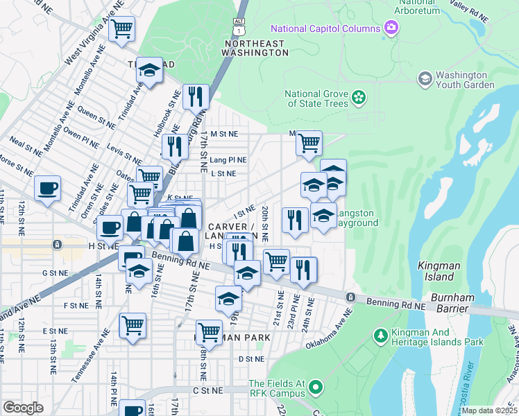 map of restaurants, bars, coffee shops, grocery stores, and more near 1915 I Street Northeast in Washington