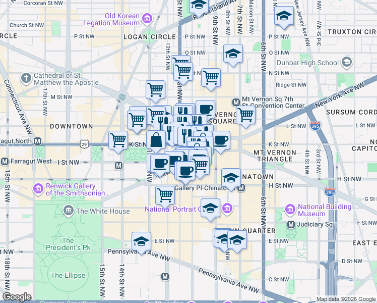map of restaurants, bars, coffee shops, grocery stores, and more near 1000 K Street Northwest in Washington