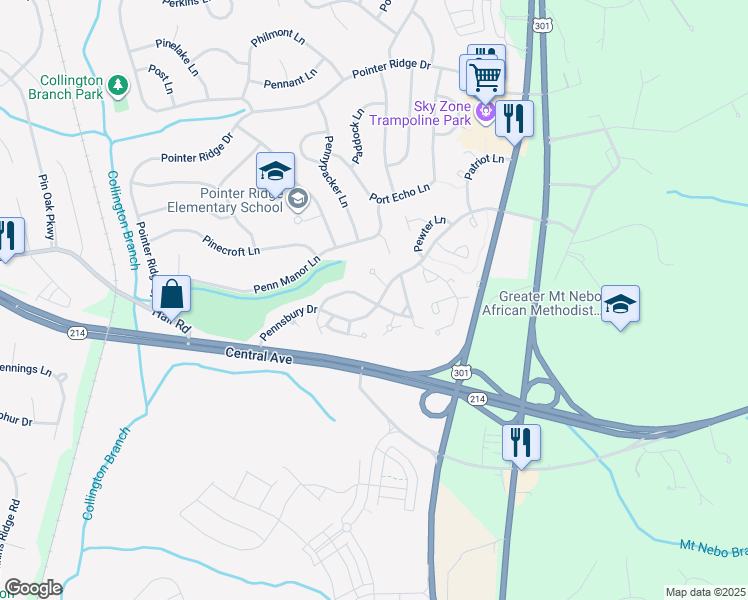 map of restaurants, bars, coffee shops, grocery stores, and more near 16150 Parklawn Place in Bowie