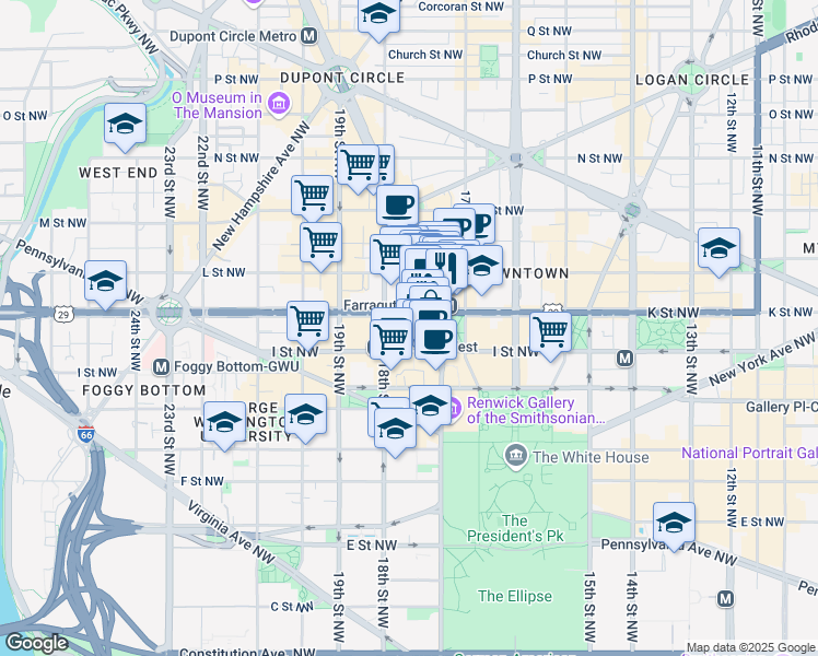 map of restaurants, bars, coffee shops, grocery stores, and more near 1750 K Street Northwest in Washington
