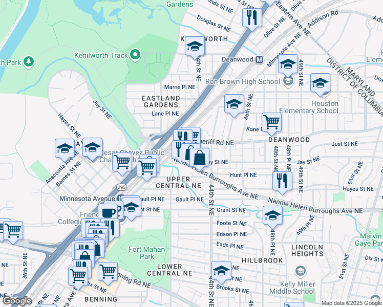 map of restaurants, bars, coffee shops, grocery stores, and more near 4235 Sheriff Road Northeast in Washington