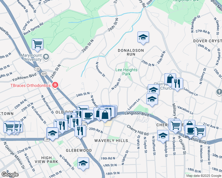 map of restaurants, bars, coffee shops, grocery stores, and more near 2323 North Vermont Street in Arlington