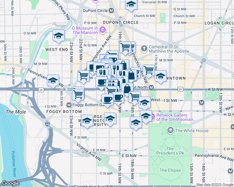 map of restaurants, bars, coffee shops, grocery stores, and more near 1900 K Street Northwest in Washington