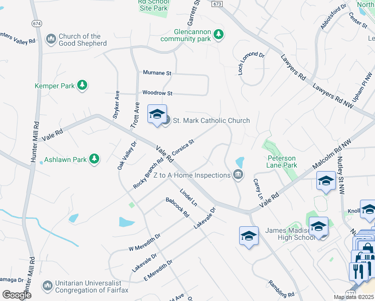 map of restaurants, bars, coffee shops, grocery stores, and more near 9947 Corsica Street in Vienna