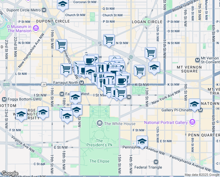 map of restaurants, bars, coffee shops, grocery stores, and more near 1500 K Street Northwest in Washington