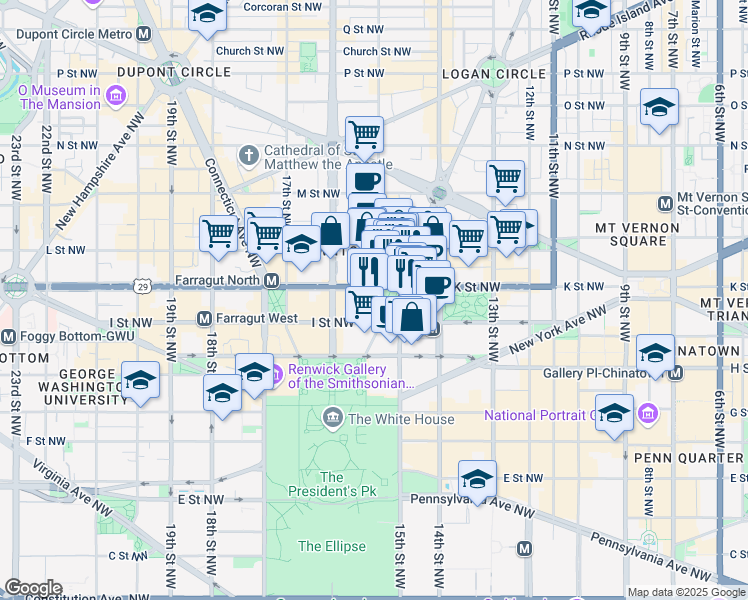 map of restaurants, bars, coffee shops, grocery stores, and more near 1500 K Street Northwest in Washington