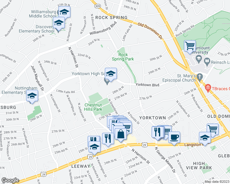 map of restaurants, bars, coffee shops, grocery stores, and more near 5208 28th Street North in Arlington