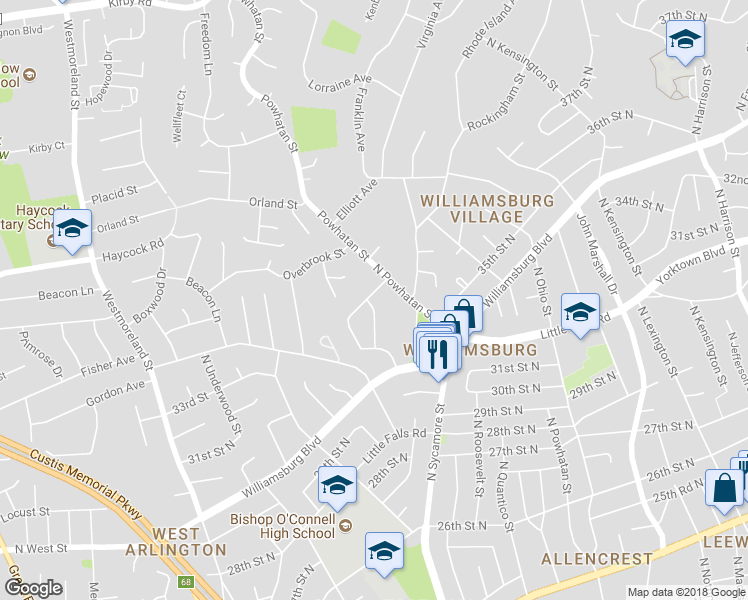 map of restaurants, bars, coffee shops, grocery stores, and more near 6518 36th Street North in Arlington
