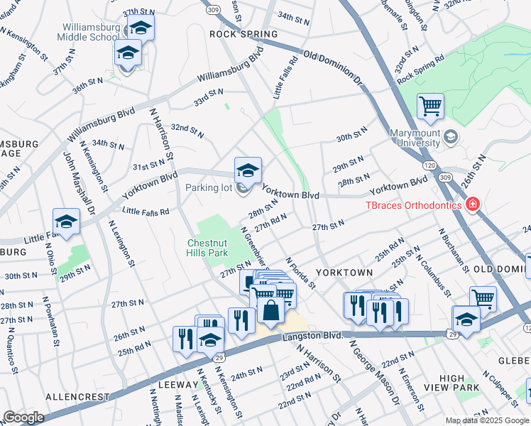 map of restaurants, bars, coffee shops, grocery stores, and more near 5130 28th Street North in Arlington