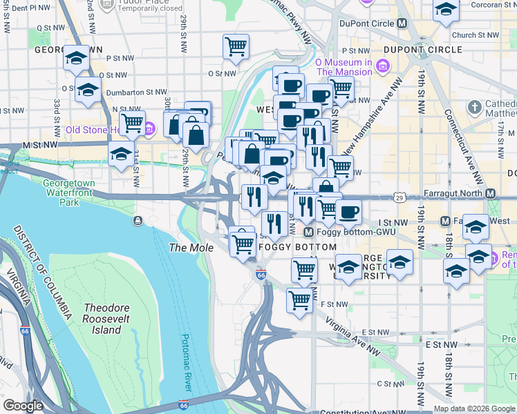 map of restaurants, bars, coffee shops, grocery stores, and more near 950 25th Street Northwest in Washington