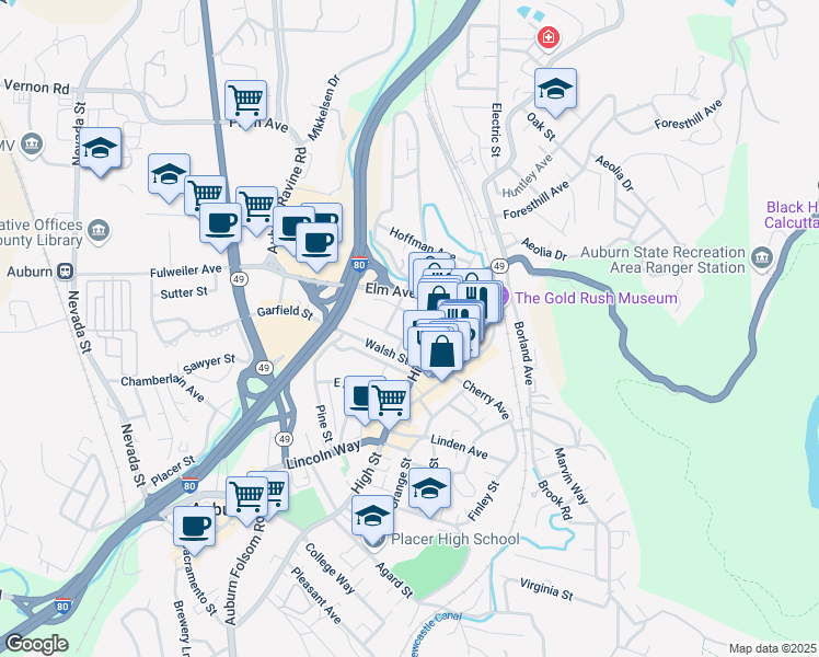map of restaurants, bars, coffee shops, grocery stores, and more near 173 Center Street in Auburn