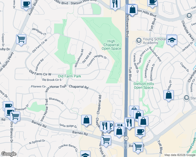 map of restaurants, bars, coffee shops, grocery stores, and more near in Colorado Springs