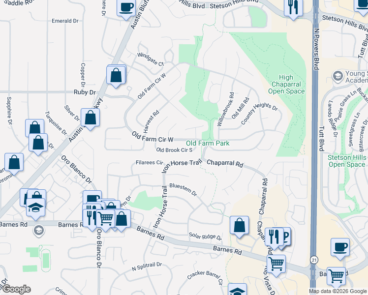 map of restaurants, bars, coffee shops, grocery stores, and more near 5155 Old Farm Circle West in Colorado Springs