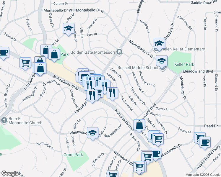 map of restaurants, bars, coffee shops, grocery stores, and more near 4764 Villa Circle in Colorado Springs