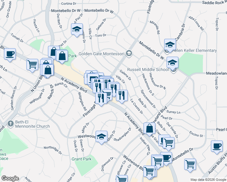 map of restaurants, bars, coffee shops, grocery stores, and more near 4875 El Camino Drive in Colorado Springs