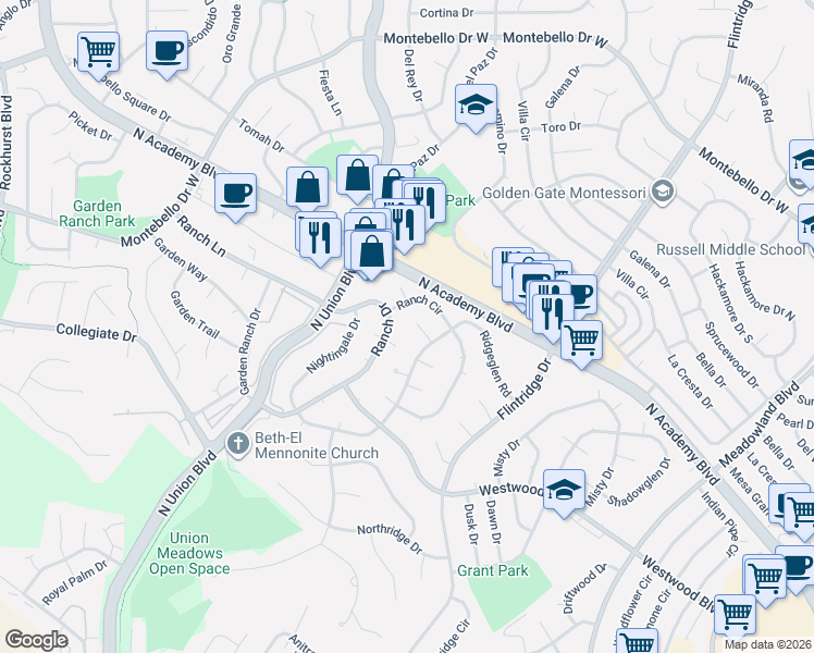 map of restaurants, bars, coffee shops, grocery stores, and more near 2802 Ridgeglen Court in Colorado Springs