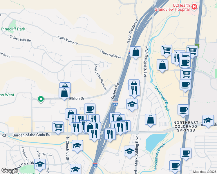 map of restaurants, bars, coffee shops, grocery stores, and more near 4850 Rusina Road in Colorado Springs