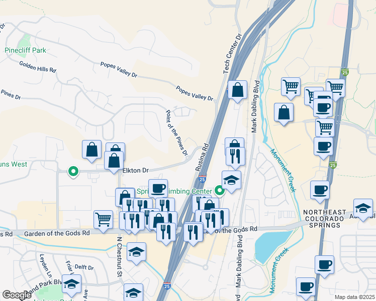 map of restaurants, bars, coffee shops, grocery stores, and more near 496 Elkton Drive in Colorado Springs