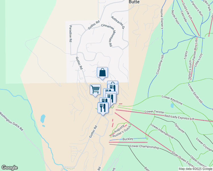 map of restaurants, bars, coffee shops, grocery stores, and more near 39 Whetstone Road in Crested Butte