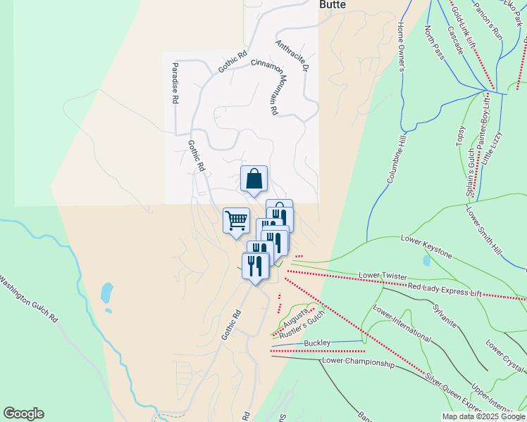 map of restaurants, bars, coffee shops, grocery stores, and more near 39 Whetstone Road in Crested Butte