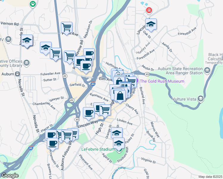 map of restaurants, bars, coffee shops, grocery stores, and more near 173 Center Street in Auburn