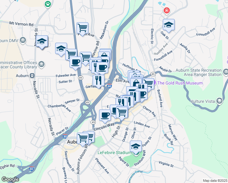 map of restaurants, bars, coffee shops, grocery stores, and more near 230 Reamer Street in Auburn