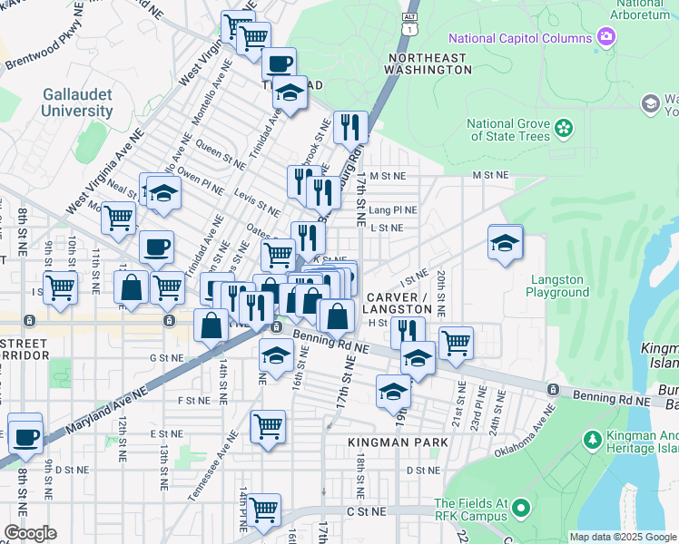 map of restaurants, bars, coffee shops, grocery stores, and more near 101 Independence Avenue Southeast in Washington