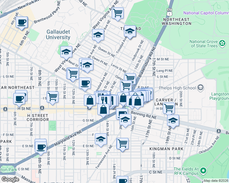 map of restaurants, bars, coffee shops, grocery stores, and more near 101 Independence Avenue Southeast in Washington