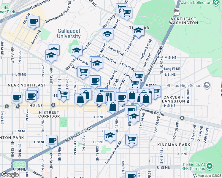 map of restaurants, bars, coffee shops, grocery stores, and more near 101 Independence Avenue Southeast in Washington