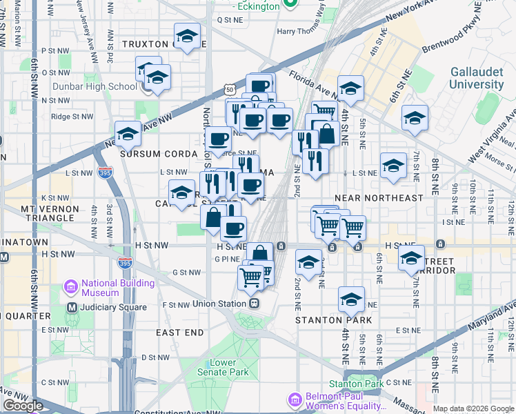 map of restaurants, bars, coffee shops, grocery stores, and more near 101 Independence Avenue Southeast in Washington