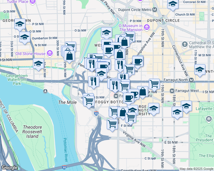 map of restaurants, bars, coffee shops, grocery stores, and more near 950 24th Street Northwest in Washington